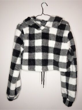 SHEIN Black, White & Gray Buffalo Plaid Fuzzy Hoodie
